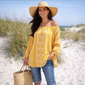 Yellow Printed Peasant Top Off Shoulder Convetible Preppy Cottagecore Sz M